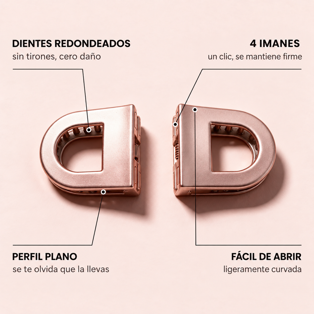 Magnelena magnetic clip infographic: rounded teeth and magnets